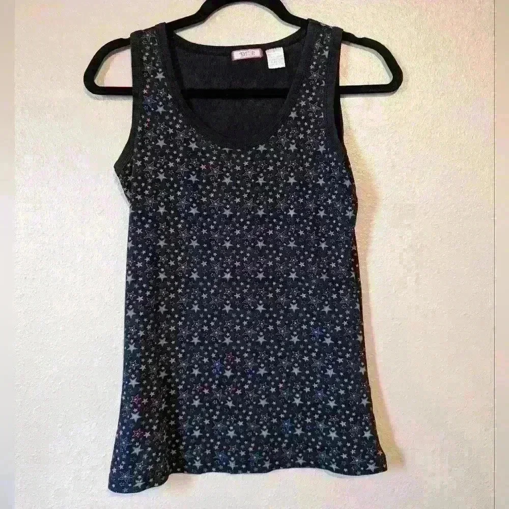 Vintage 90s DEB tank size Large black base pink/green/blue stars - Picture 1 of 5